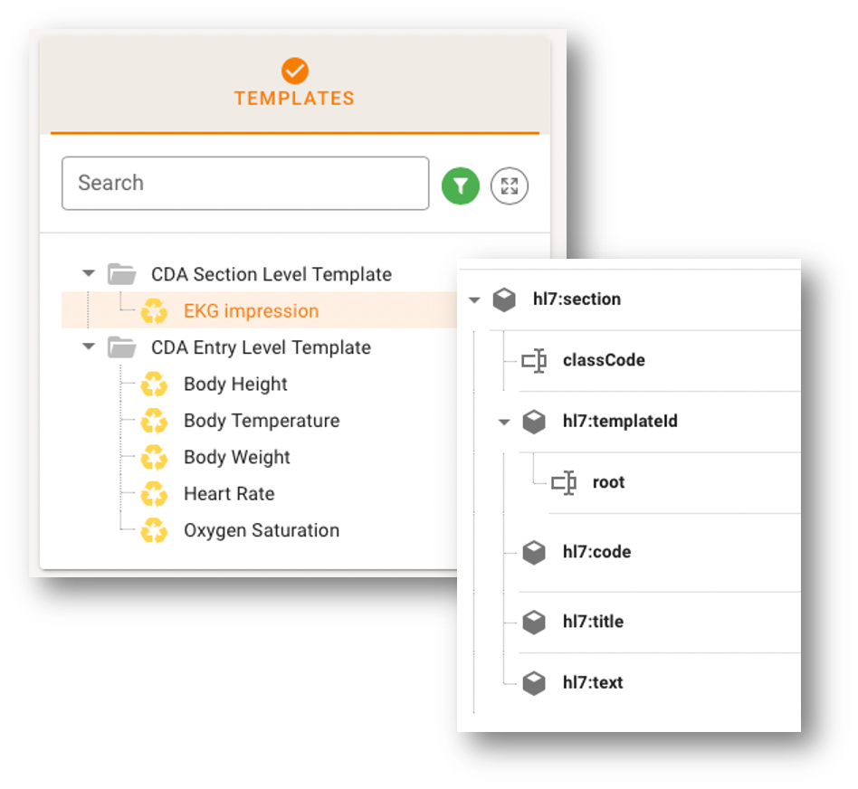 ART-DECOR template panel showing CDA section- and entry-level templates alongside the hierarchical structure of an hl7:section template