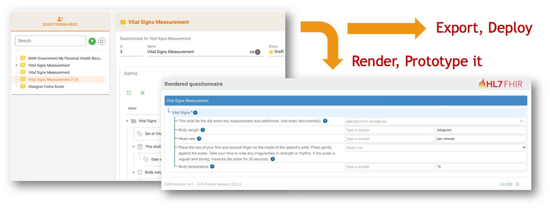 ART-DECOR questionnaire panel and the rendered FHIR Vital Signs Measurement questionnaire form
